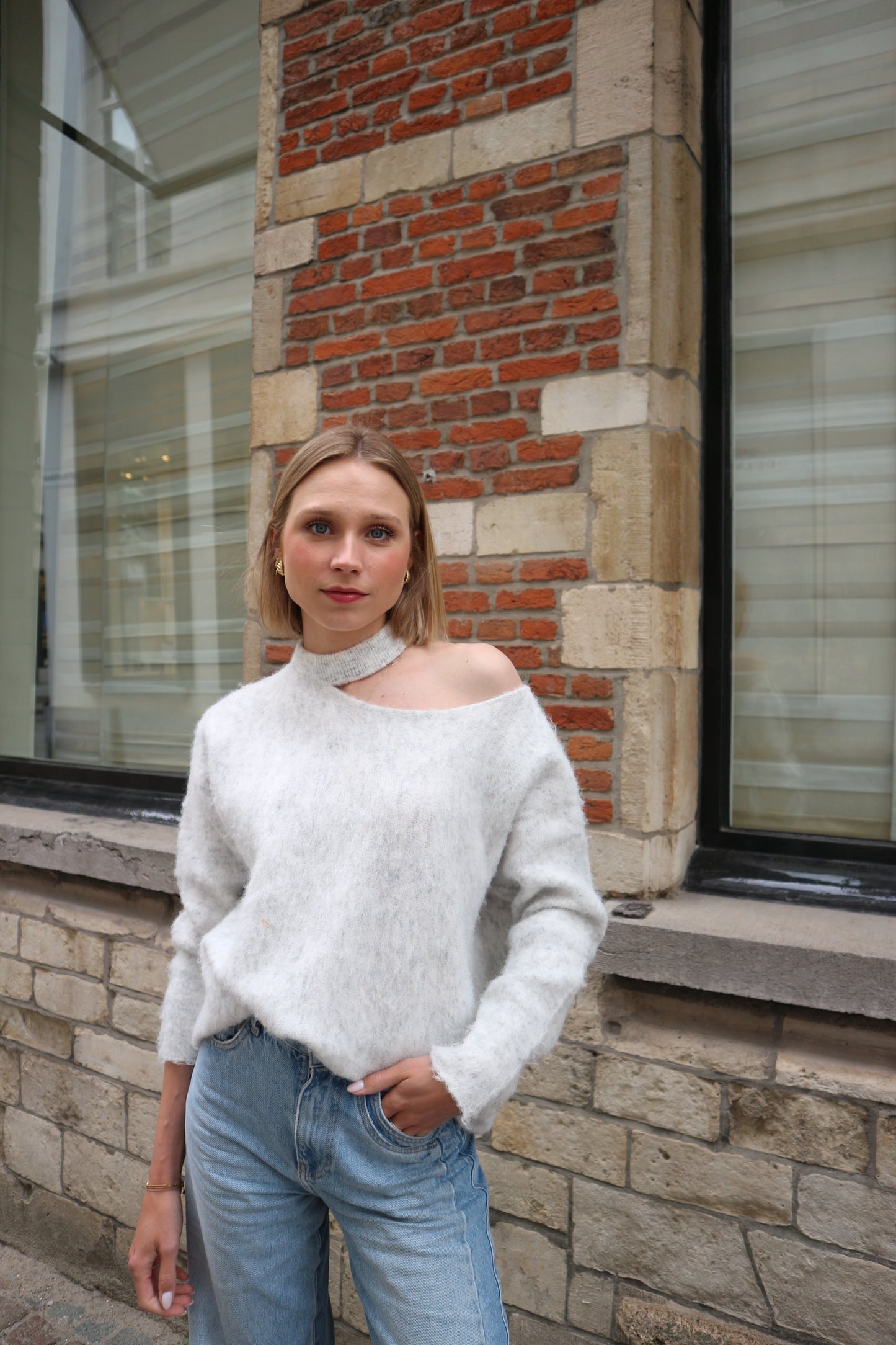 Fluffy Cut-Out Sweater Grey