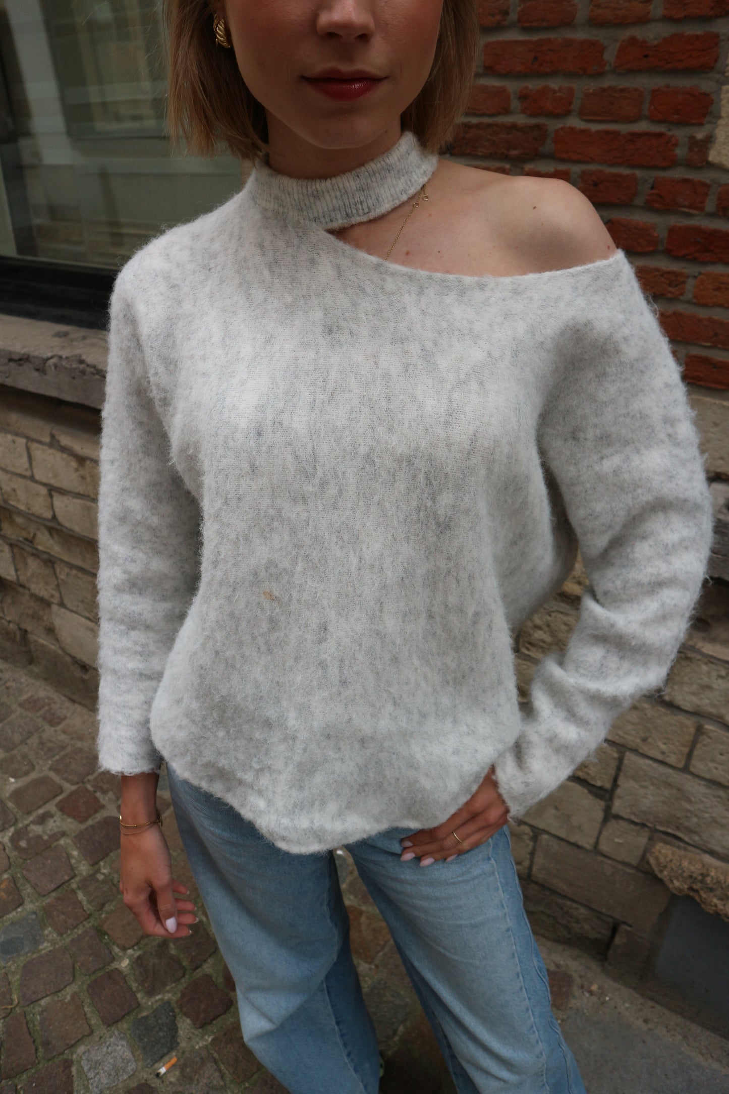 Fluffy Cut-Out Sweater Grey