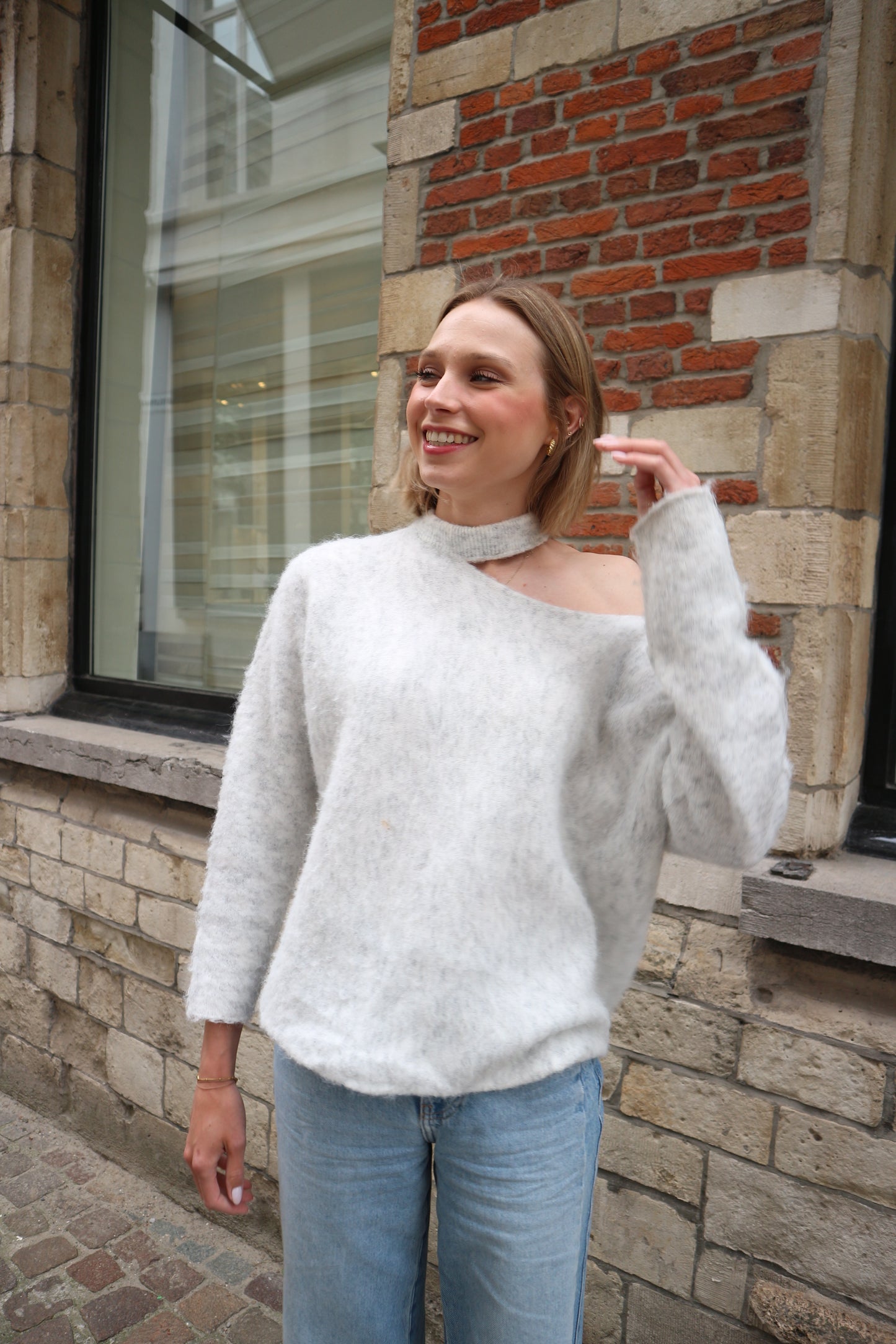 Fluffy Cut-Out Sweater Grey